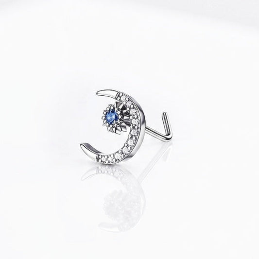 Silver Crescent Blue Gem L-Shape Moon Nose Stud