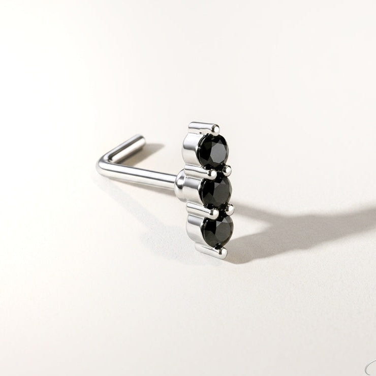 Black Zircon 3 Stones L-Shape Nose Stud