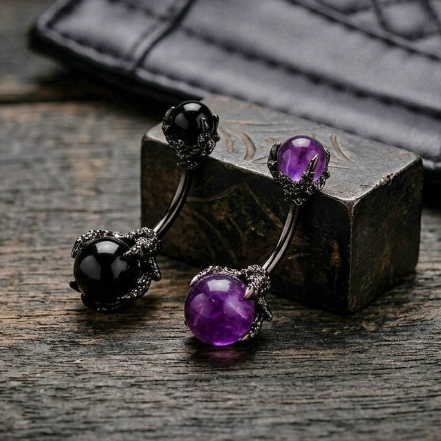 Pair of Dragon claw purple and black stone belly bars 14G stainless steel