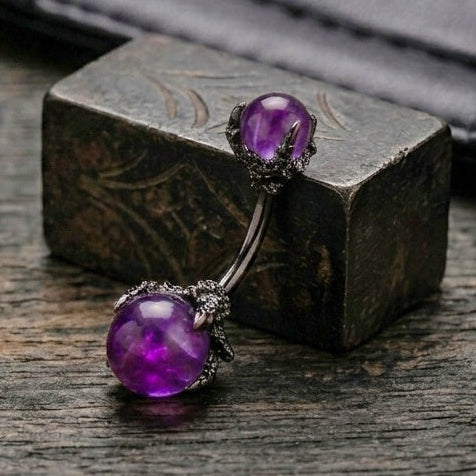 Dragon claw purple stone belly bar 14G stainless steel