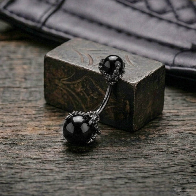 Dragon claw black stone belly bar 14G stainless steel