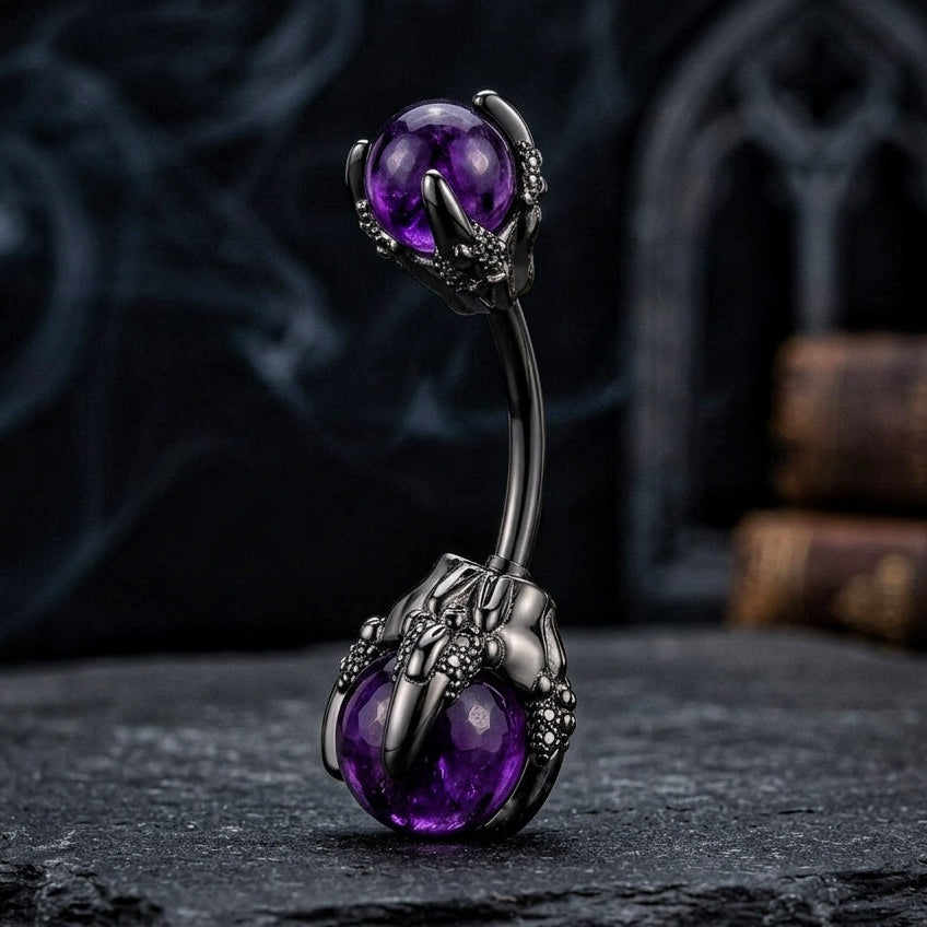 Dragon claw purple stone belly bar 14G stainless steel