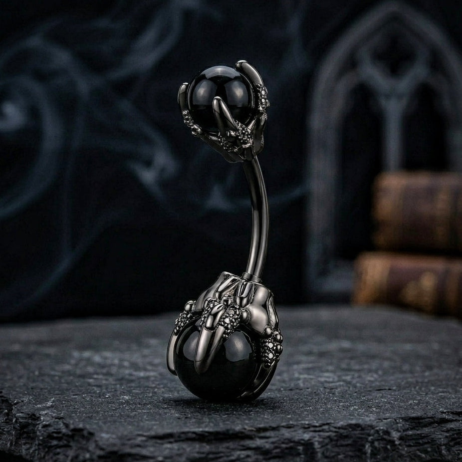 Dragon claw black stone belly bar 14G stainless steel