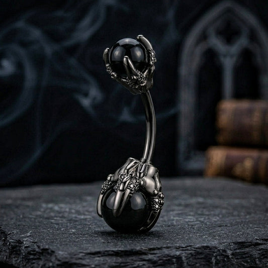 Dragon claw black stone belly bar 14G stainless steel