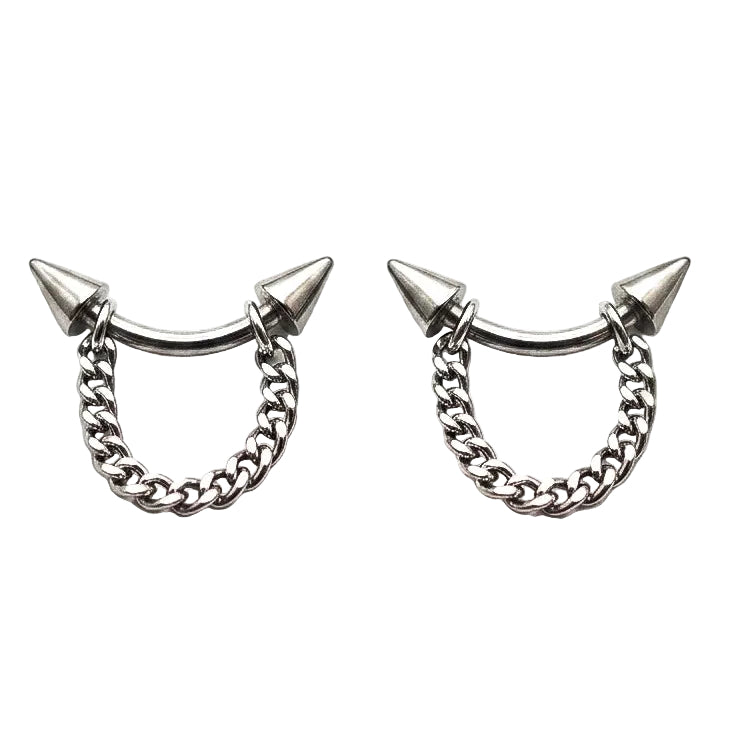Pair of silver chain earrings with spike designs on a white background