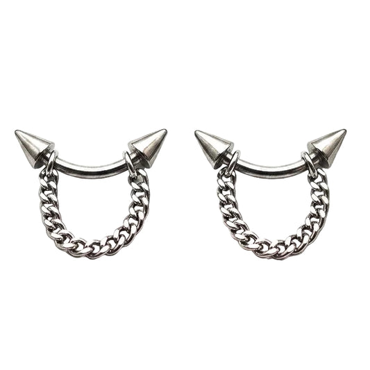 Pair of silver chain earrings with spike designs on a white background
