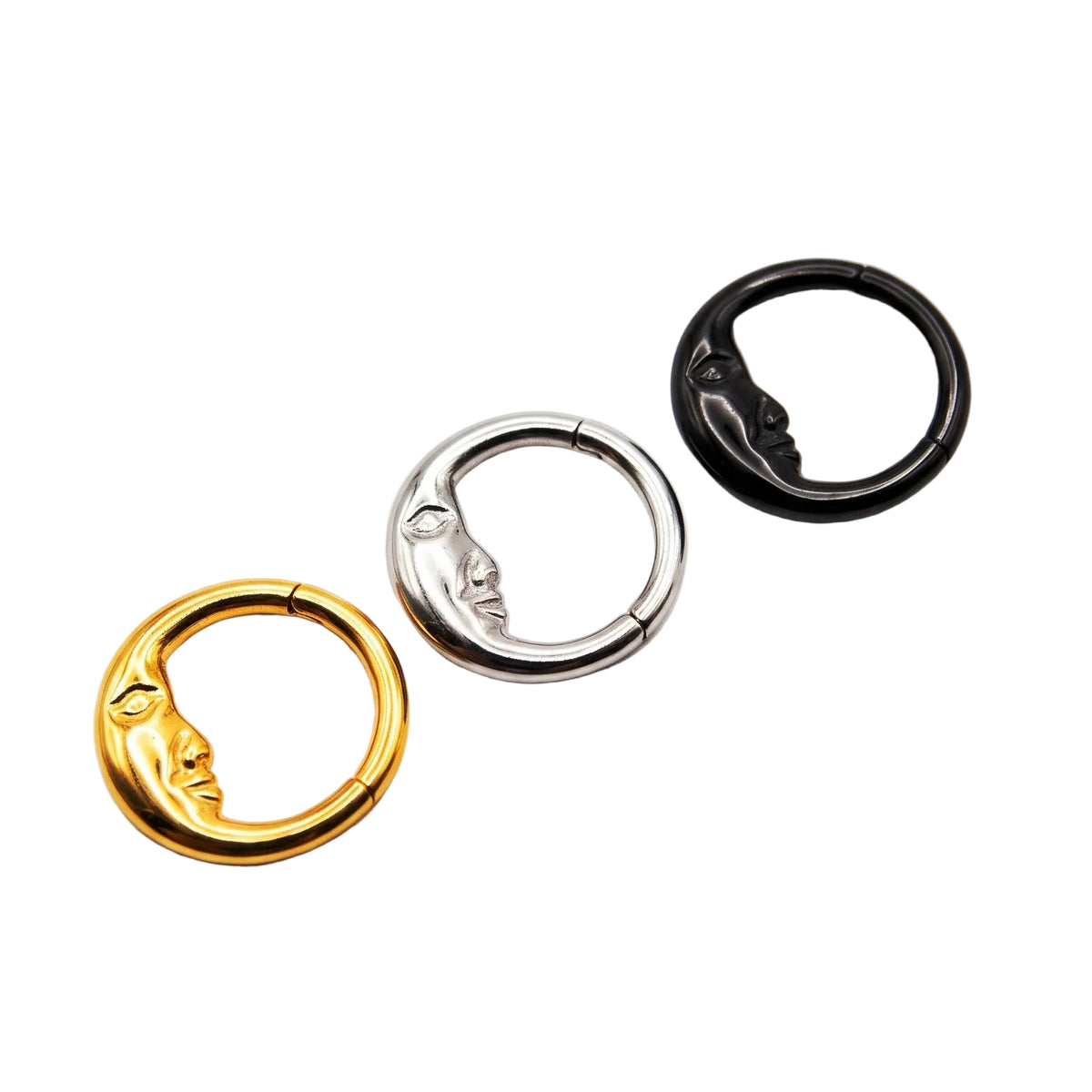 16G Crescent Moon Face Clicker Hoops in Gold, Silver, and Black Surgical Steel