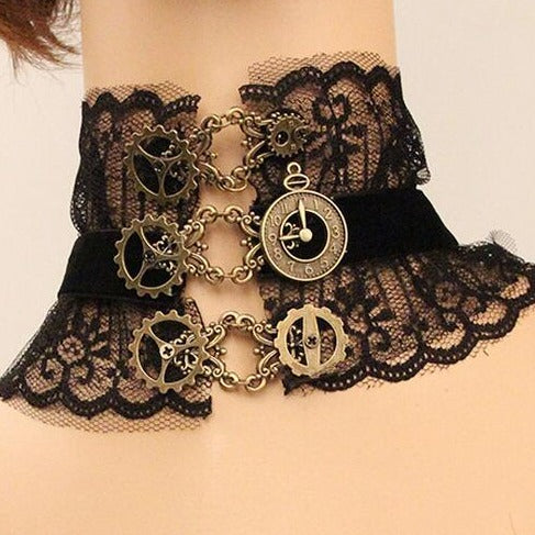 Elegant Black Lace And Metal Gears Steampunk Choker - Pretty Savage Jewellery