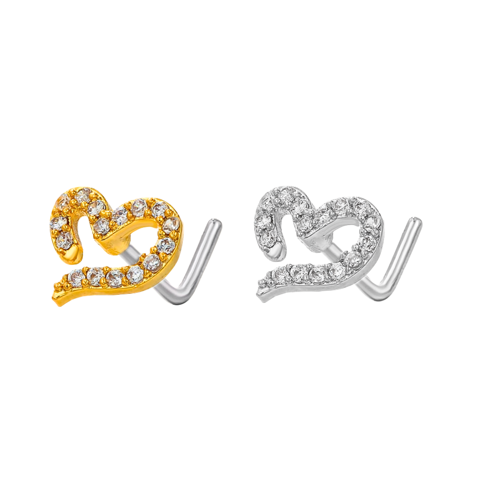 Two small heart-shaped Nose studs  on a plain white background, one in yellow gold with clear stones and one in silver with clear stones.