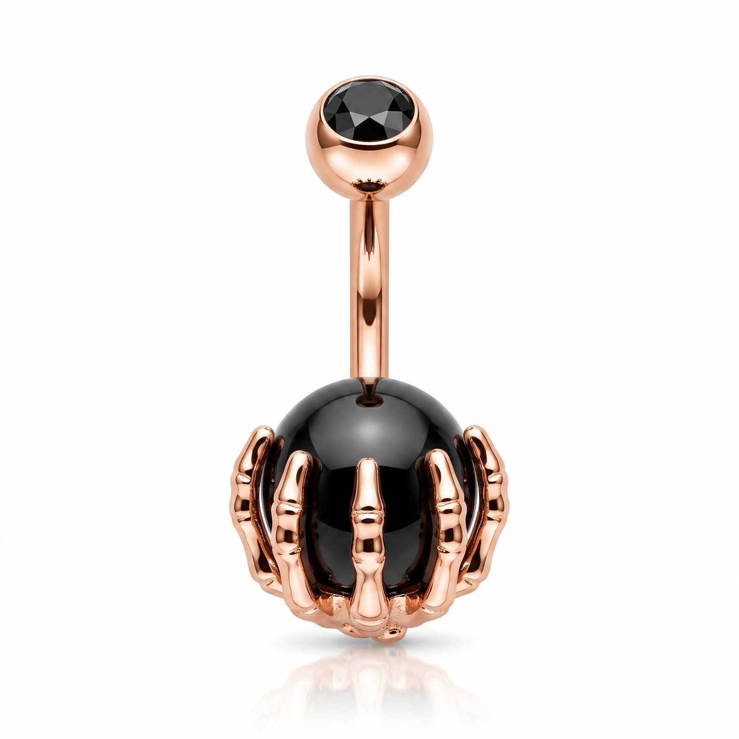 Skeleton Hand Rose Gold With Black Gems Belly Bar 14G