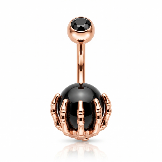 Skeleton Hand Rose Gold With Black Gems Belly Bar 14G