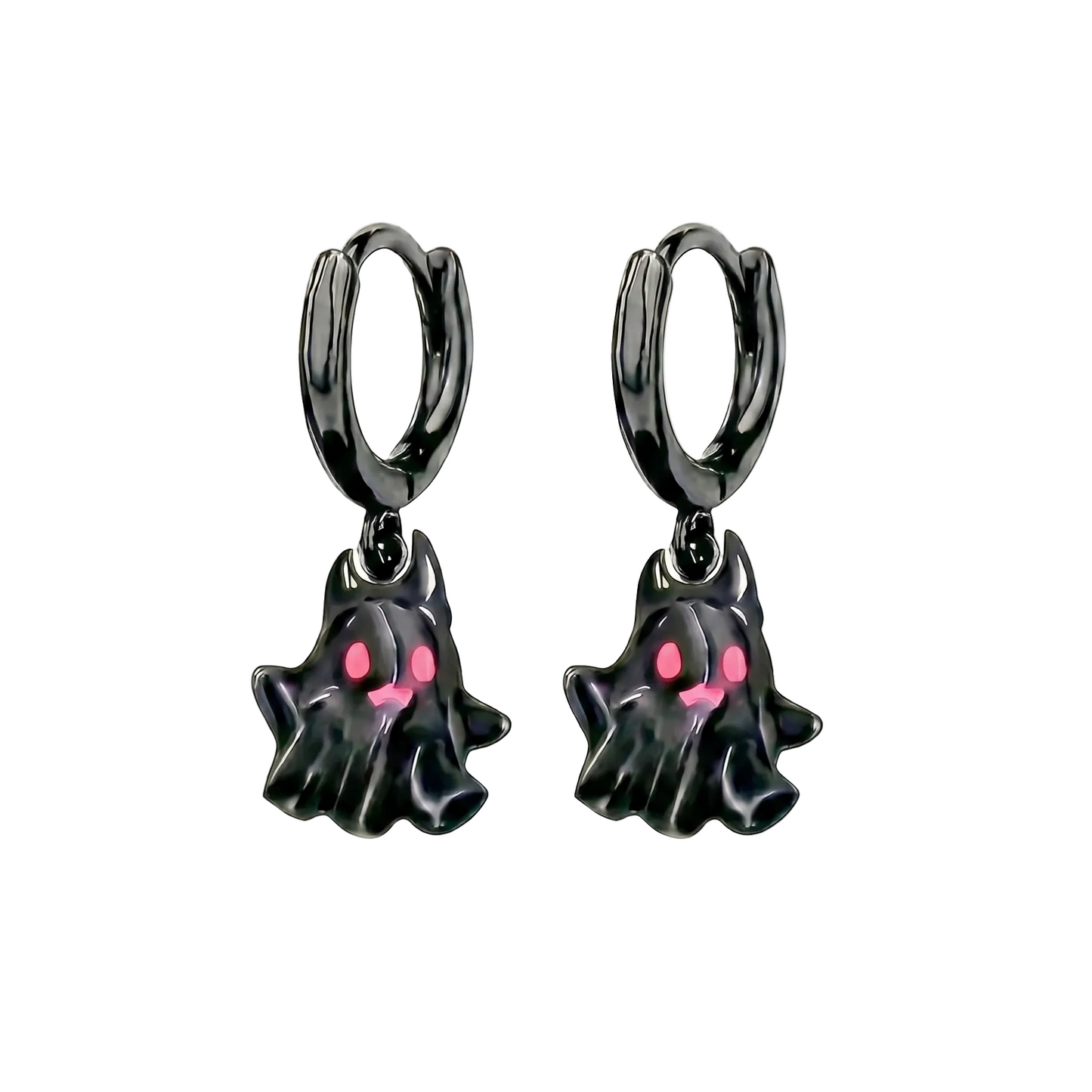 Black ghost-shaped earrings with pink accents on a white background