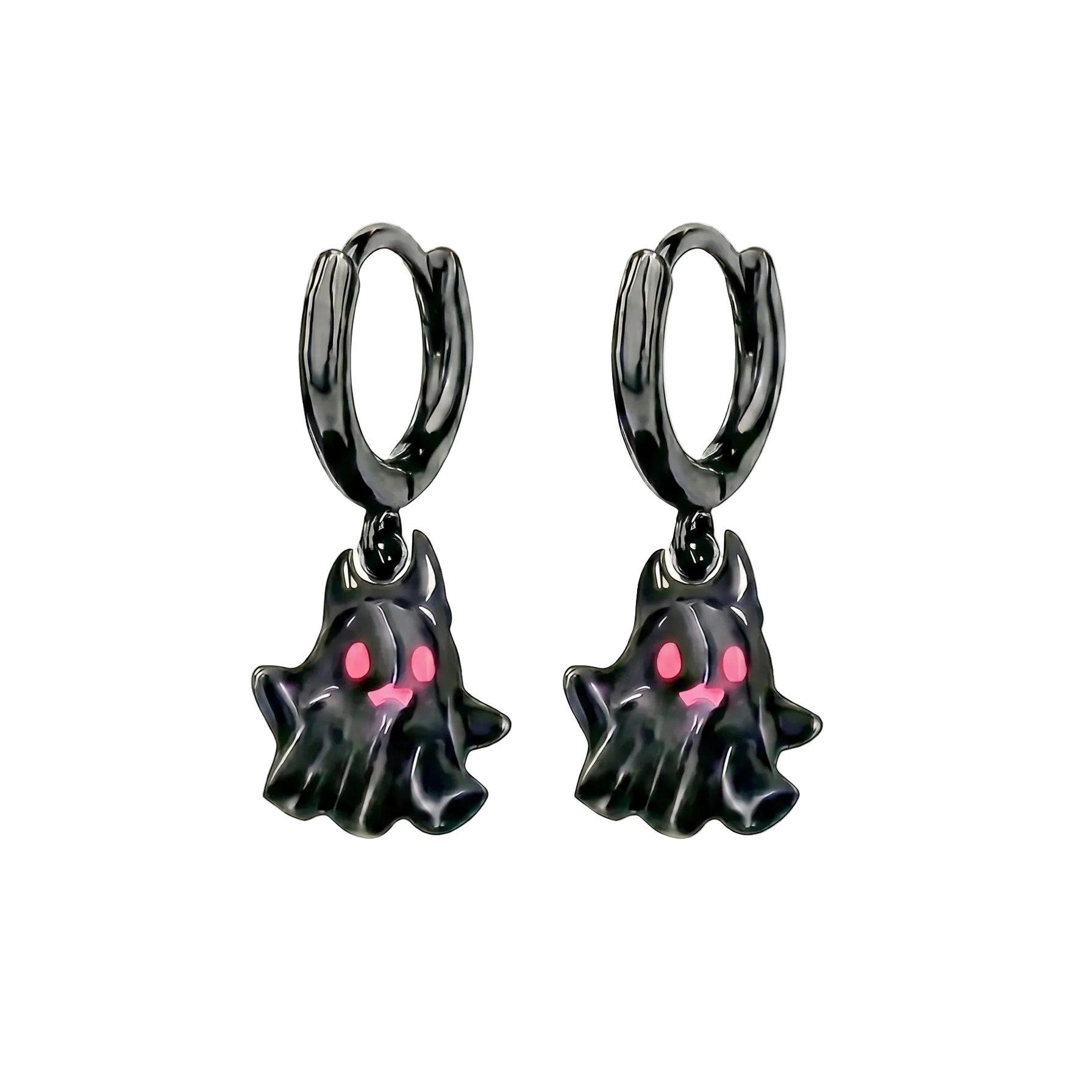 Black ghost-shaped earrings with pink accents on a white background