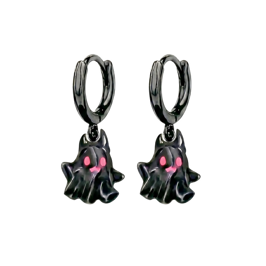Black ghost-shaped earrings with pink accents on a white background
