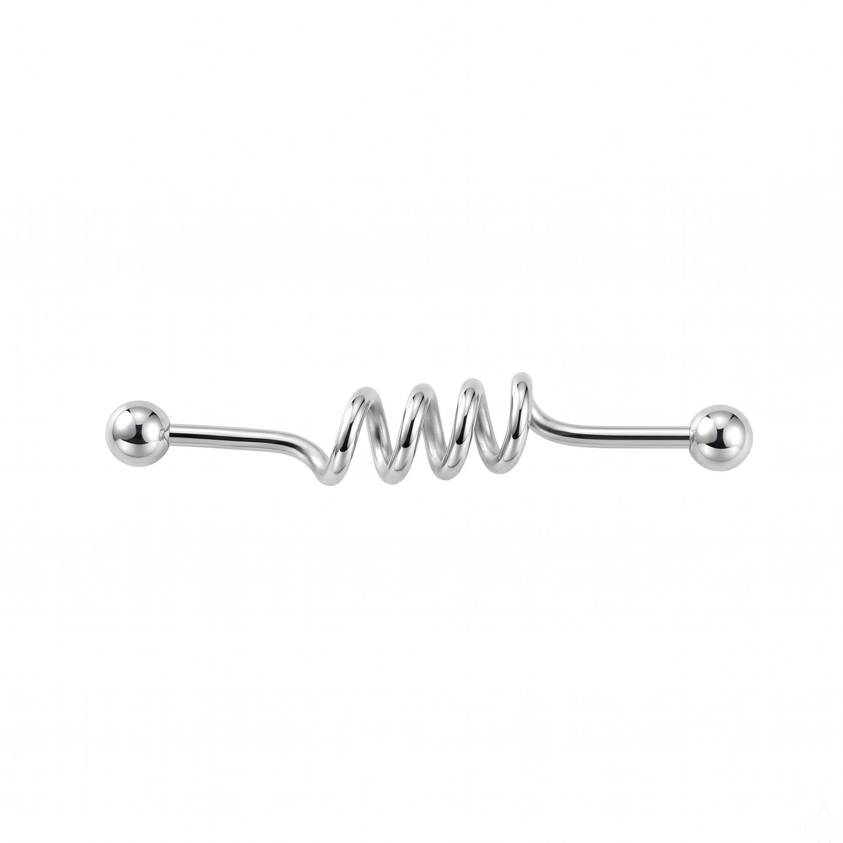Silver barbell with a spiral design on a white background