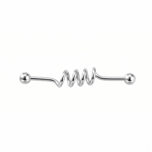 Silver barbell with a spiral design on a white background