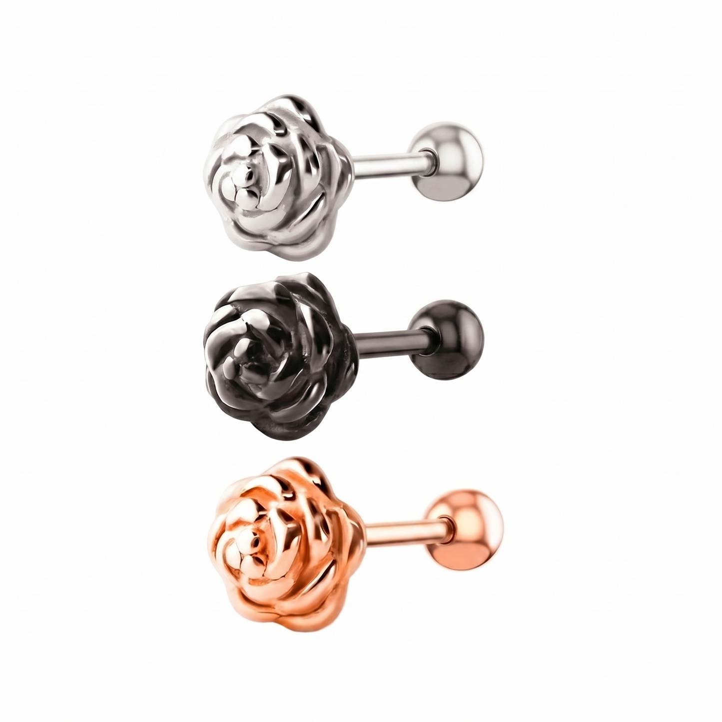 Zungenpiercings mit Rosenmuster, Gold/Schwarz/Silber, Zungenpiercing mit Rosenblüten, 16 mm