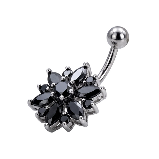 Black Rhinestone Flower Belly Bar 14G