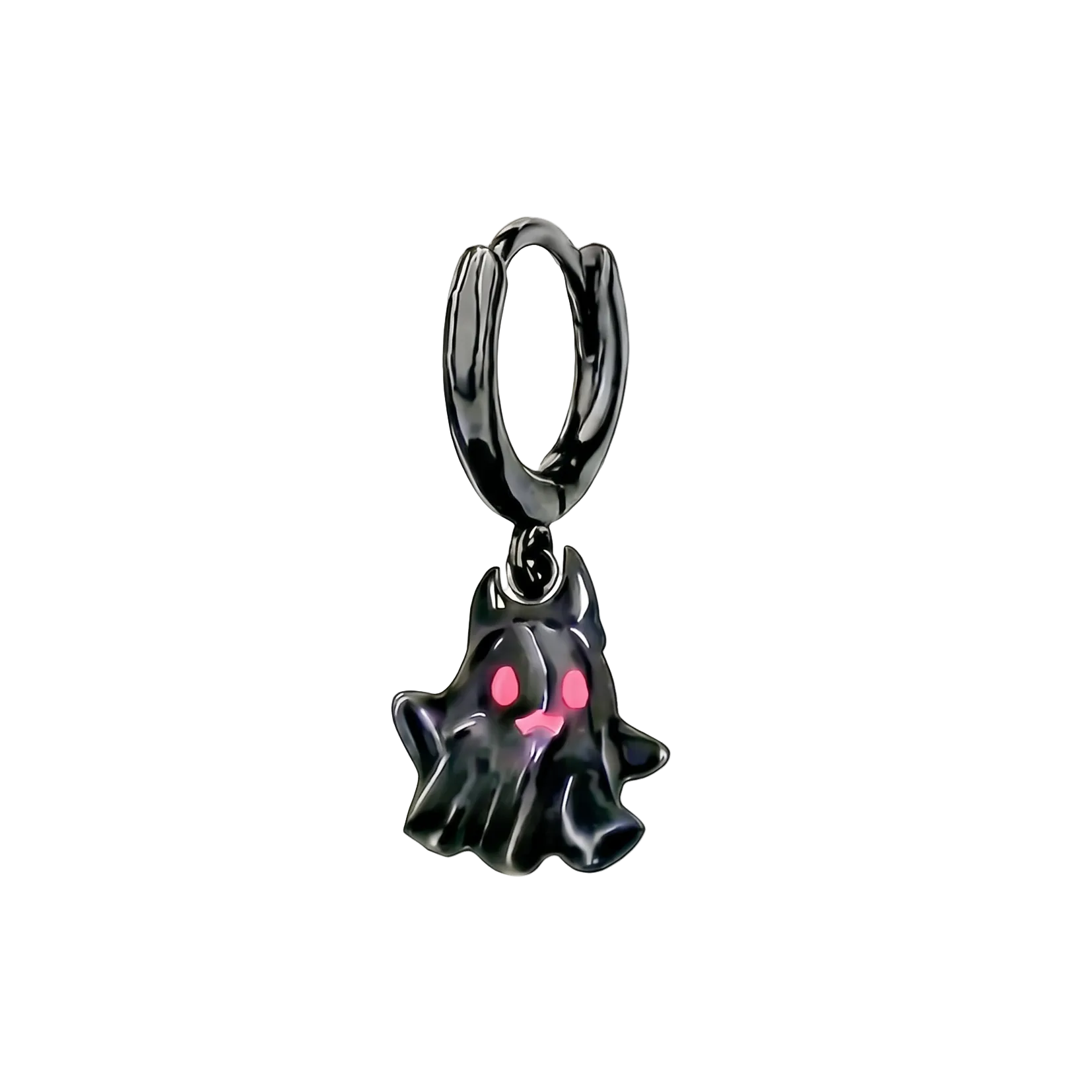 Black ghost-shaped earring with pink eyes on a white background