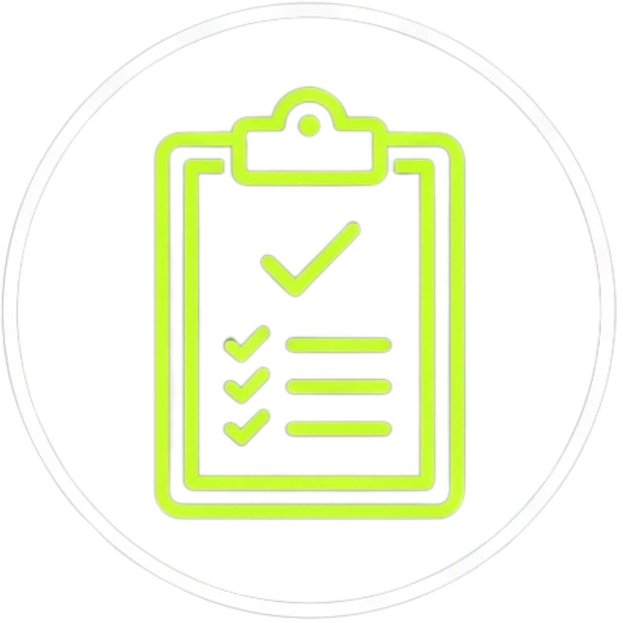 Green icon of a clipboard with checkmarks on a white background