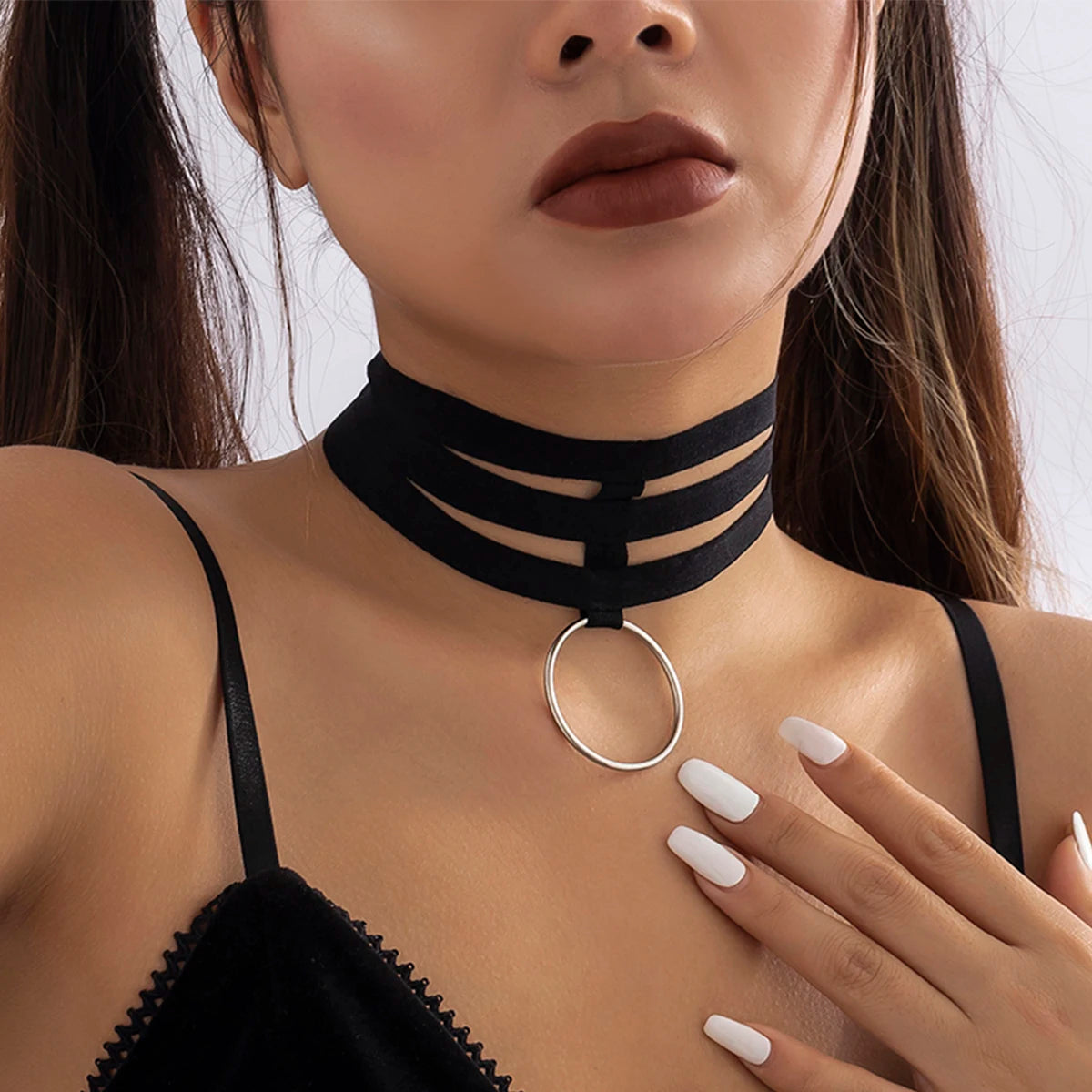 Black Elastic Strip Band Circle Pendant Necklace Choker