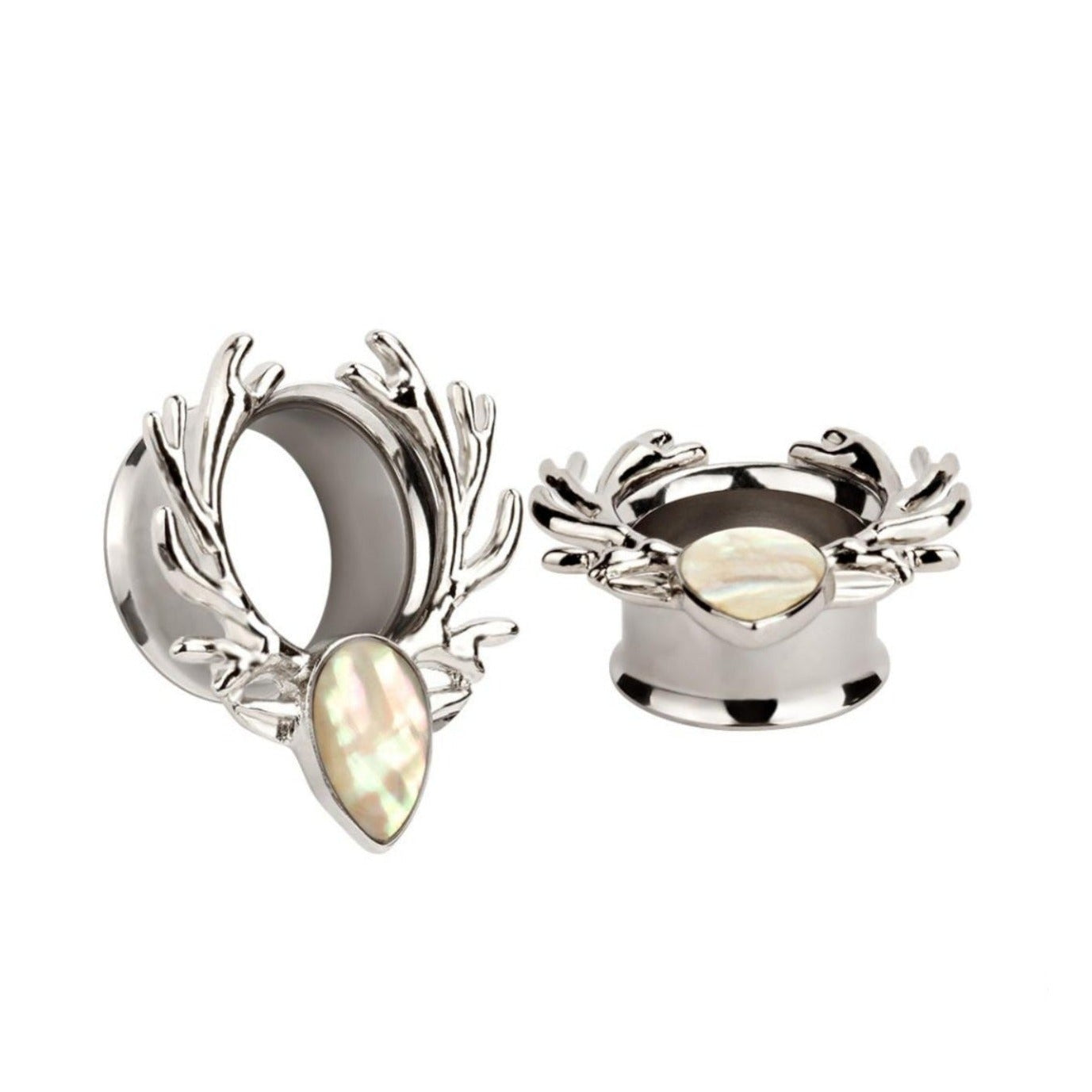 Pair of silver ear tunnel gauges with opal gemstones on a white background