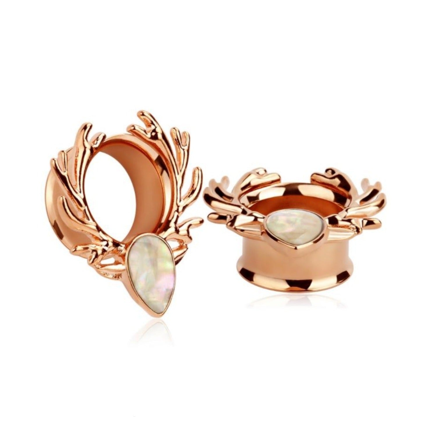 rose gold stainless steel ear tunnel featuring a deer antler design and opal inlay, shown in 10mm size