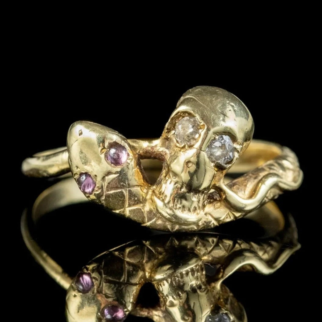 Skull And Snake 14ct Gold Plated 925 Sterling Silver Ring - Pretty Savage Jewellery