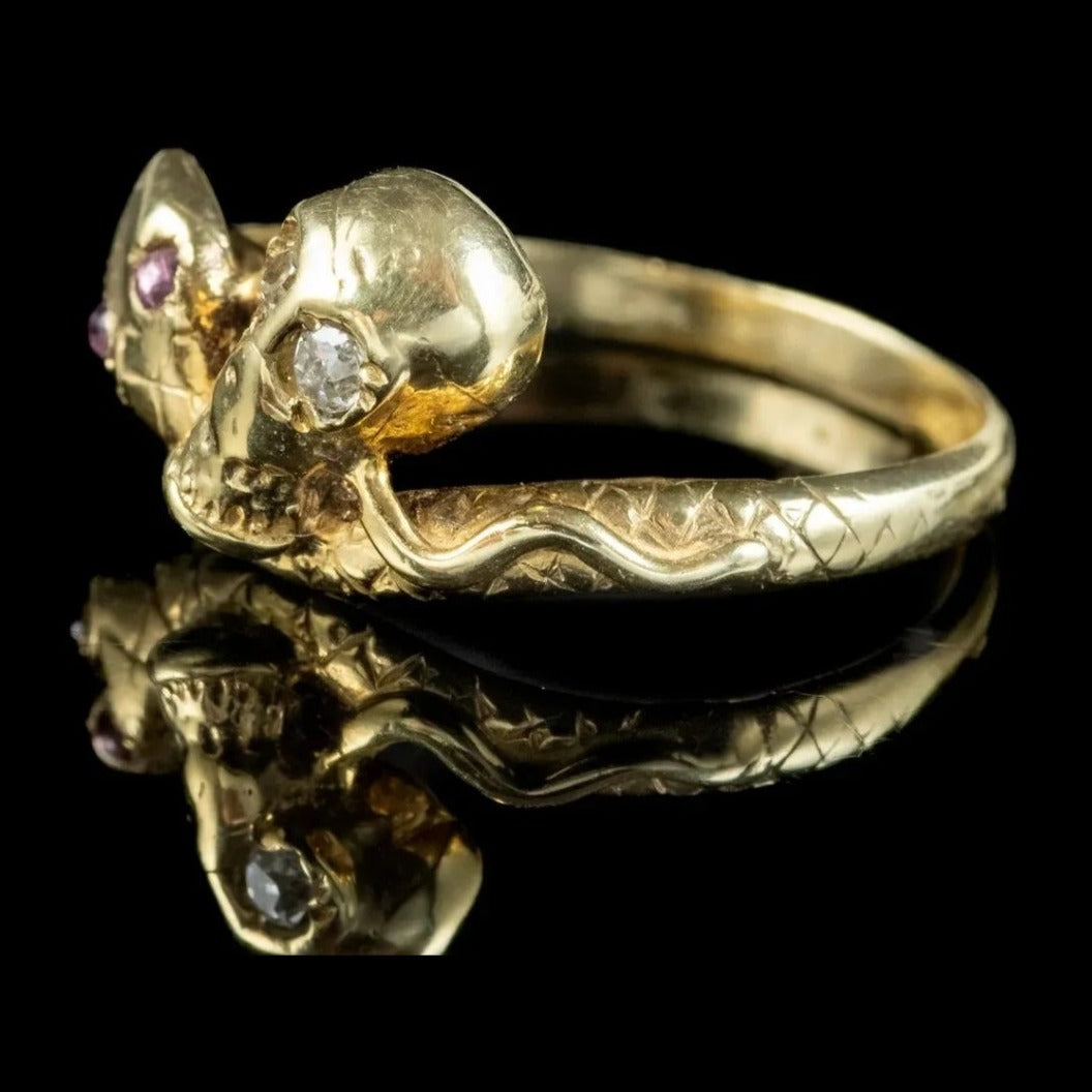 Skull And Snake 14ct Gold Plated 925 Sterling Silver Ring - Pretty Savage Jewellery