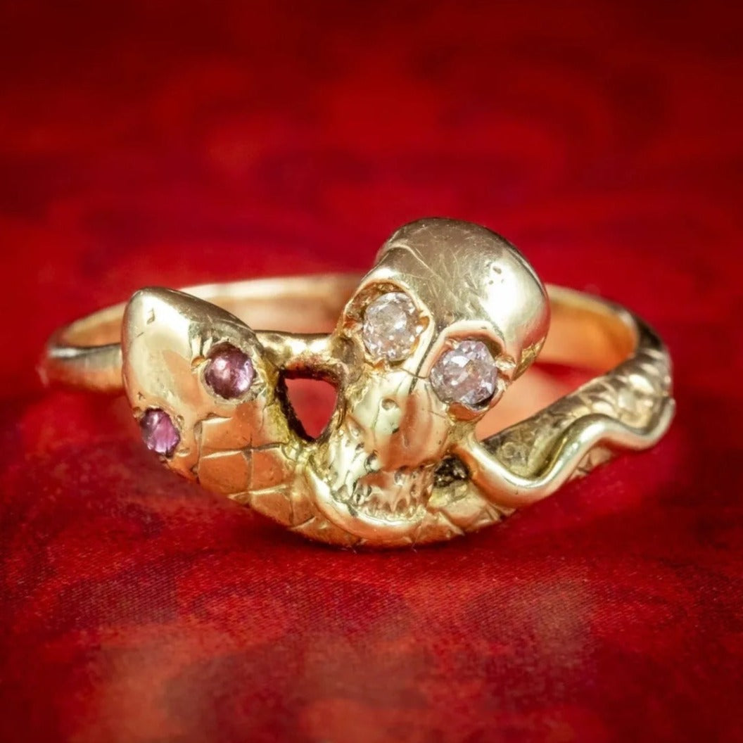 Skull And Snake 14ct Gold Plated 925 Sterling Silver Ring - Pretty Savage Jewellery