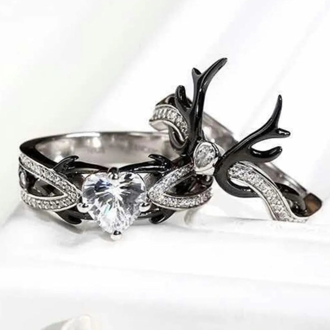 Black Deer Gothic Wedding 925 Sterling Silver 2ct Diamond Ring Set - Pretty Savage Jewellery