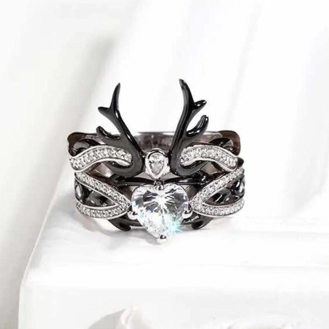 Black Deer Gothic Wedding 925 Sterling Silver 2ct Diamond Ring Set - Pretty Savage Jewellery