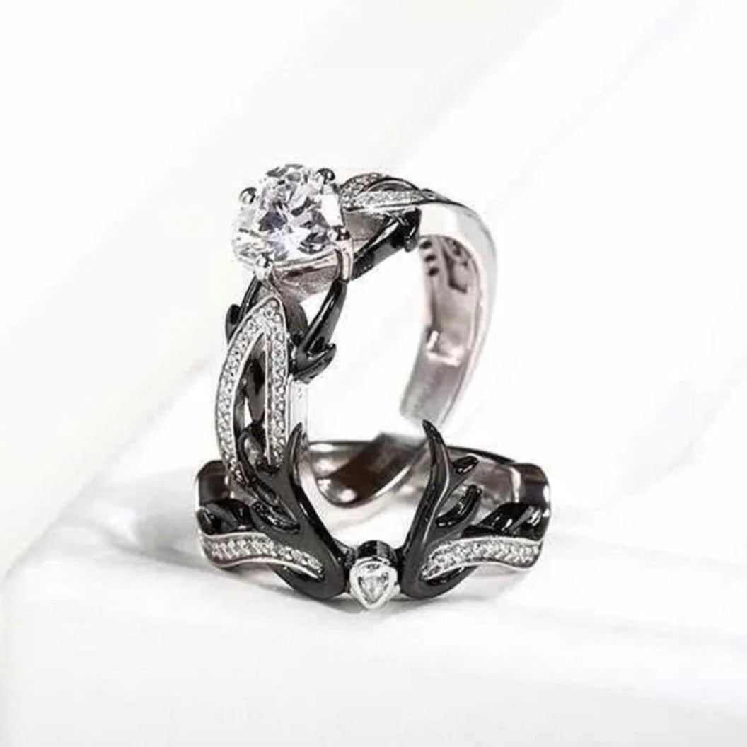 Black Deer Gothic Wedding 925 Sterling Silver 2ct Diamond Ring Set - Pretty Savage Jewellery