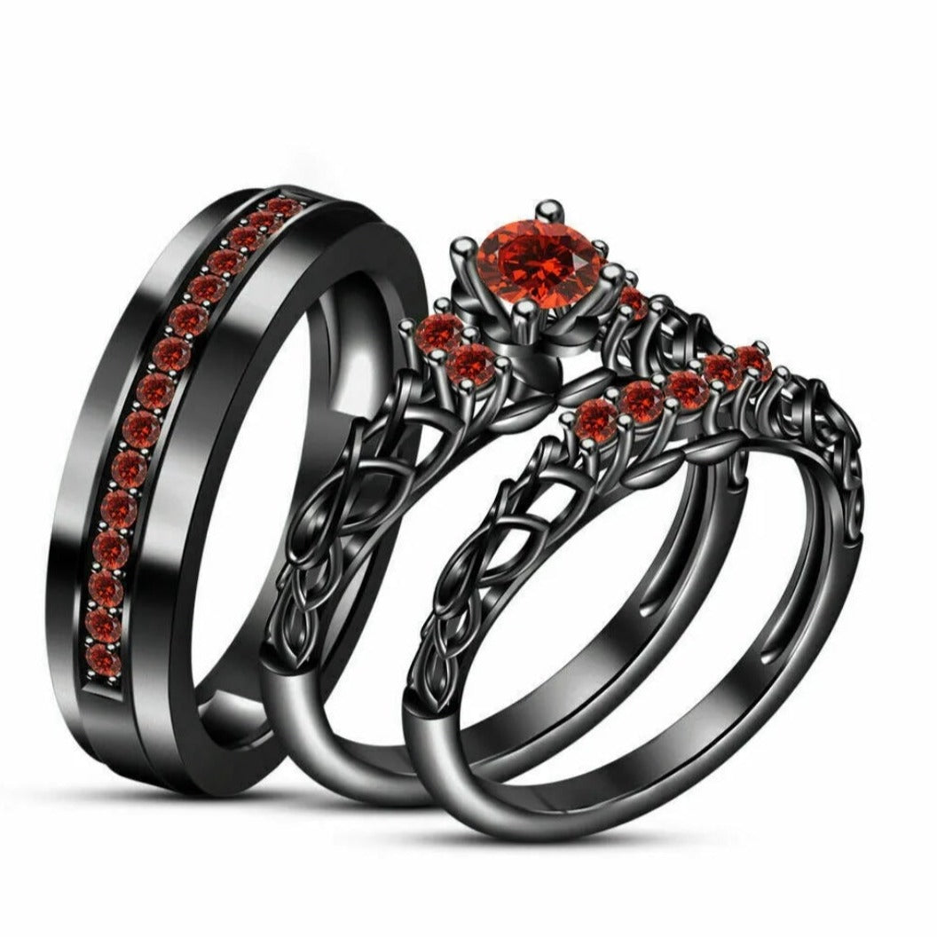 Gothic Bridal 925 Sterling Silver 2ct Garnet Diamond Trio Ring - Pretty Savage Jewellery