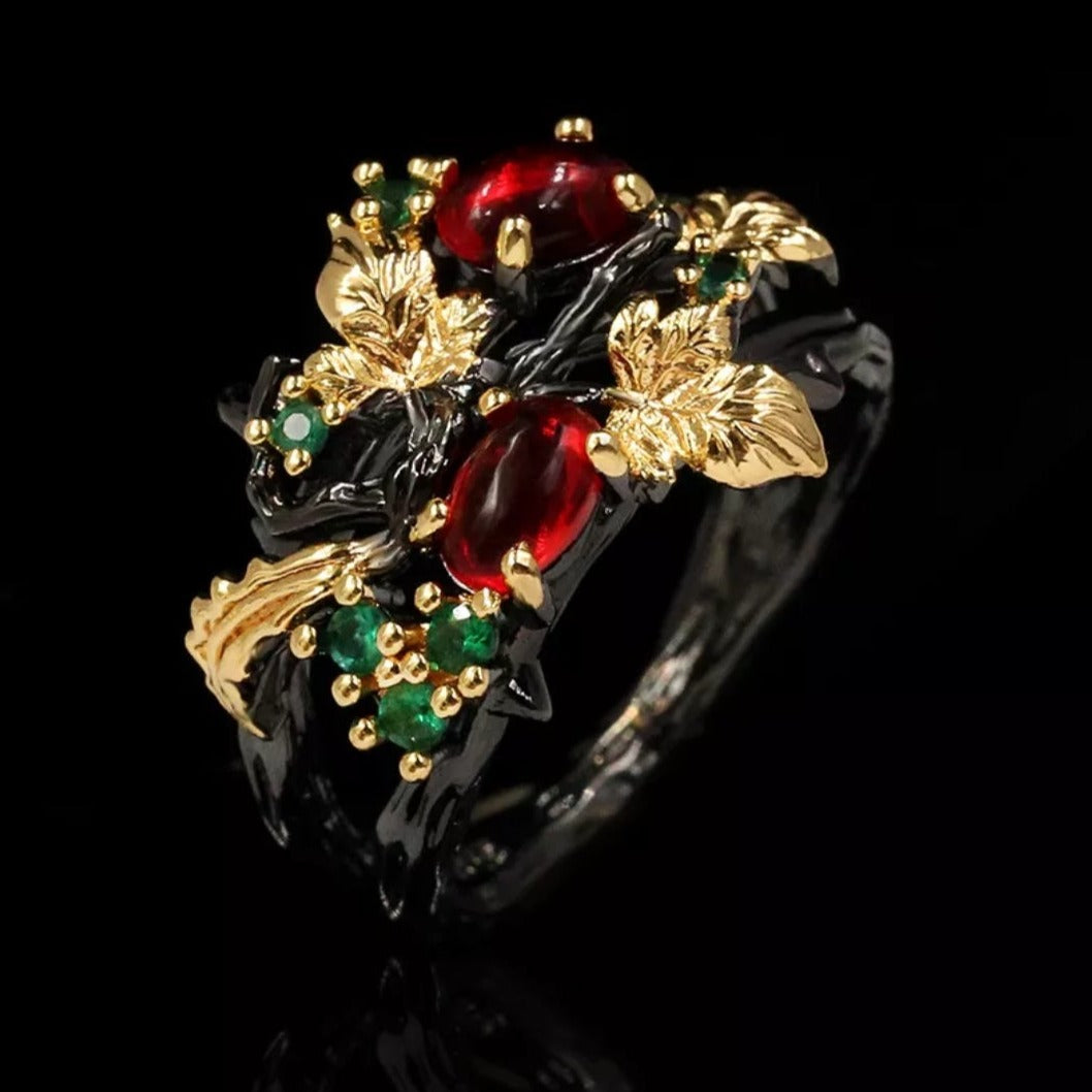 Black Twisted Vine Golden Leaf Gem Stone Ring - Pretty Savage Jewellery