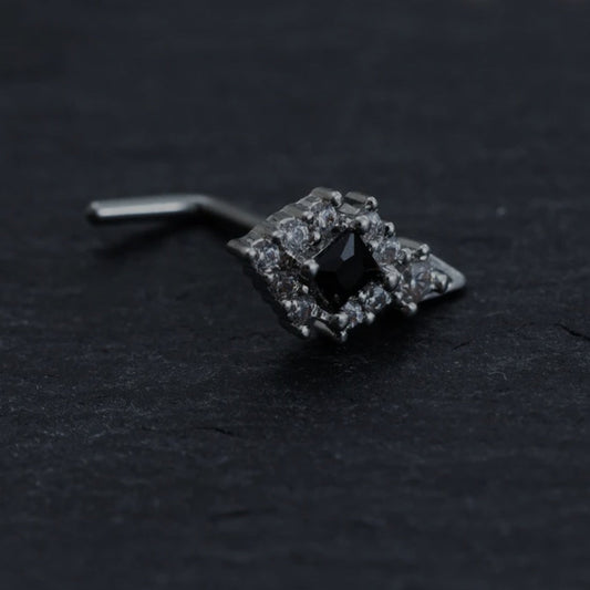 Black Zircon L Shape Silver Nose Stud