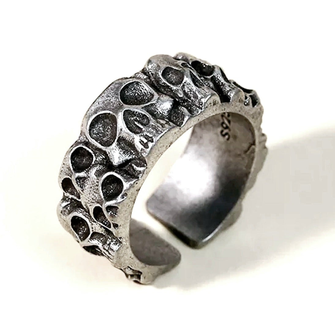 Bague réglable en argent sterling 925 avec crâne noir