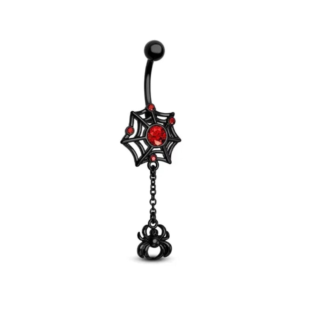 Spider Web Belly Bar Halloween Body Jewellery Spooky Black And Red Navel Bar - Pretty Savage Jewellery