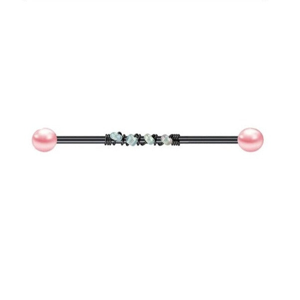 Black And Rose Pink Pearl Ball Industrial bar Barbell 14G Scaffold Piercing Ear Bar 38mm - Pretty Savage Jewellery