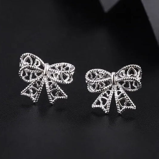 925 Sterling Silver Bow Tie Heart Ear Studs - Pretty Savage Jewellery