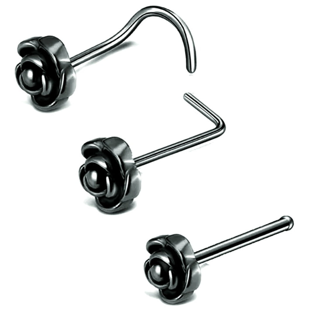 Black Rose Stainless Steel Nose Studs - Pretty Savage Jewellery