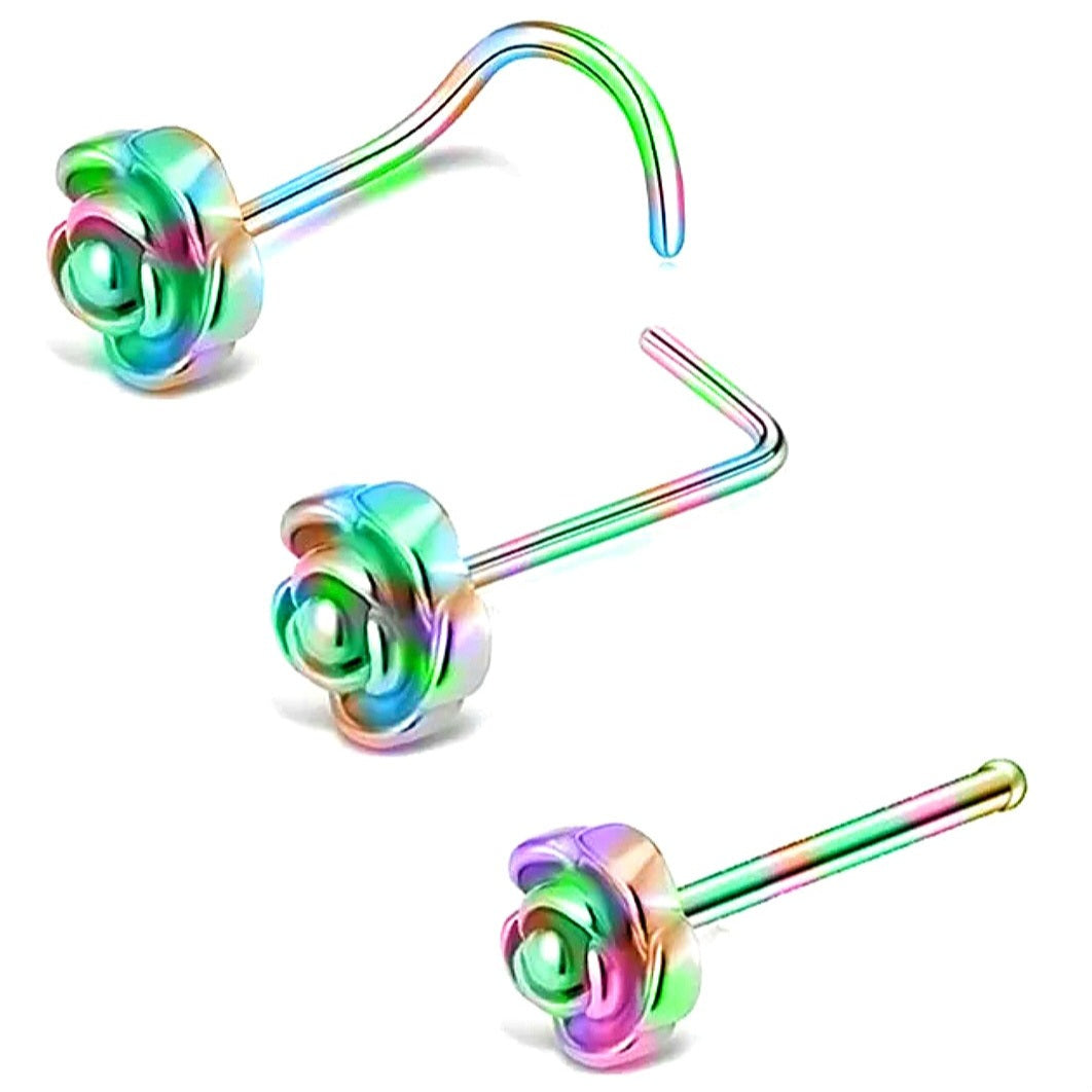 Rainbow Multicolour Stainless Steel Rose Nose Studs - Pretty Savage Jewellery