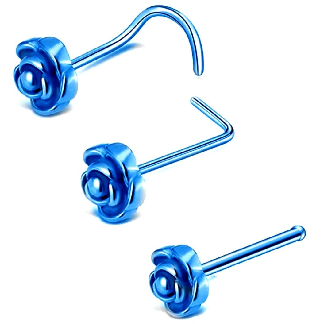 Blue Rose Stainless Steel Nose Studs - Pretty Savage Jewellery