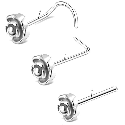 Silver Rose Stainless Steel Nose Studs - Pretty Savage Jewellery