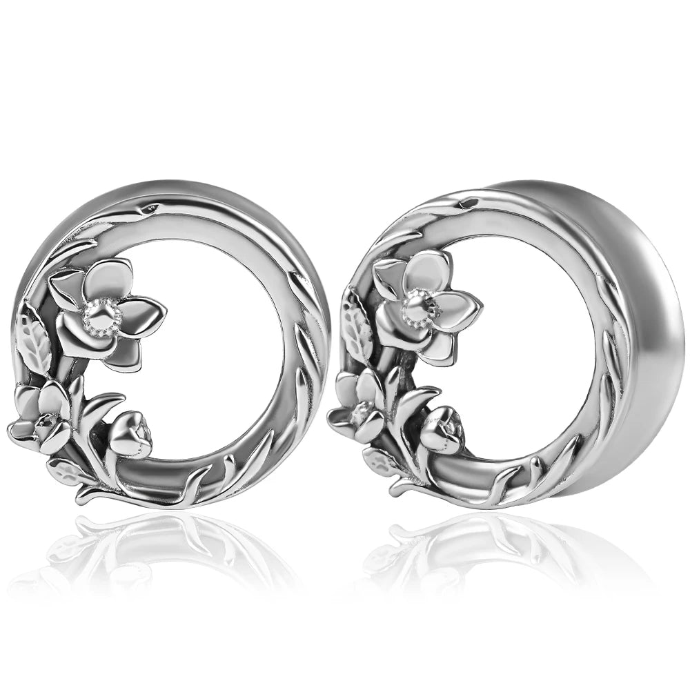 Flower Design Stainless Steel Ear Plug Tunnels