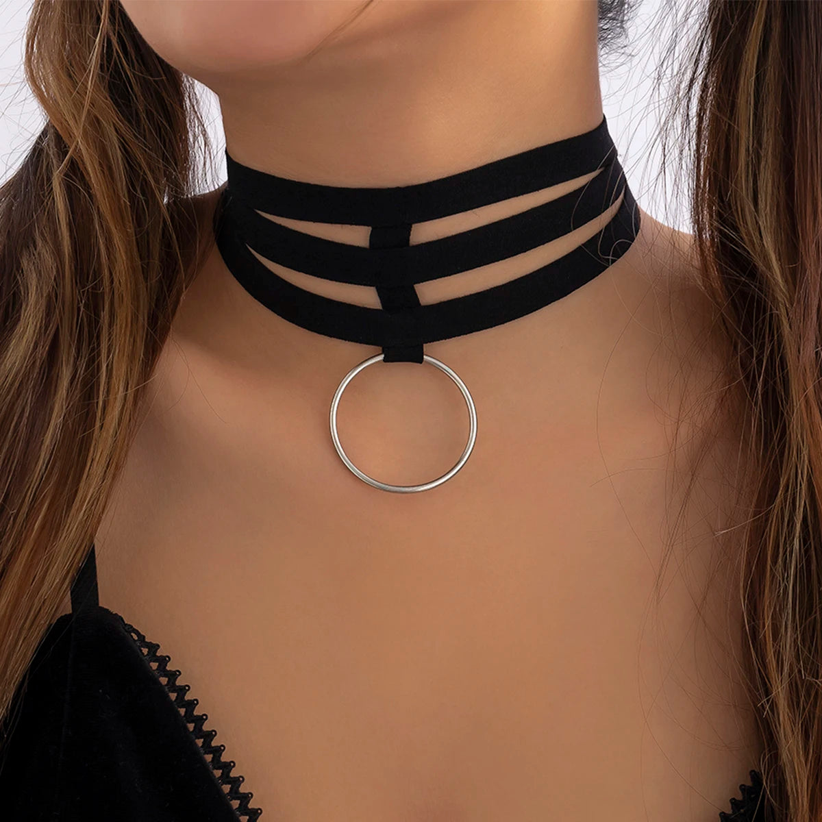 Black Elastic Strip Band Circle Pendant Necklace Choker