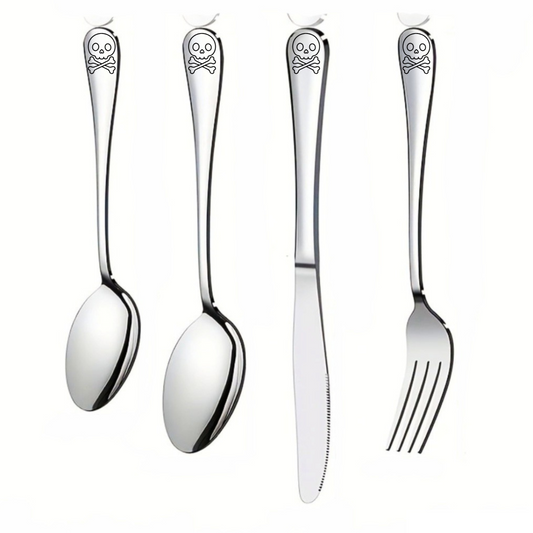 Skull Crossbones 4pc Stainless Steel Cutlery Personalise Engraving Set