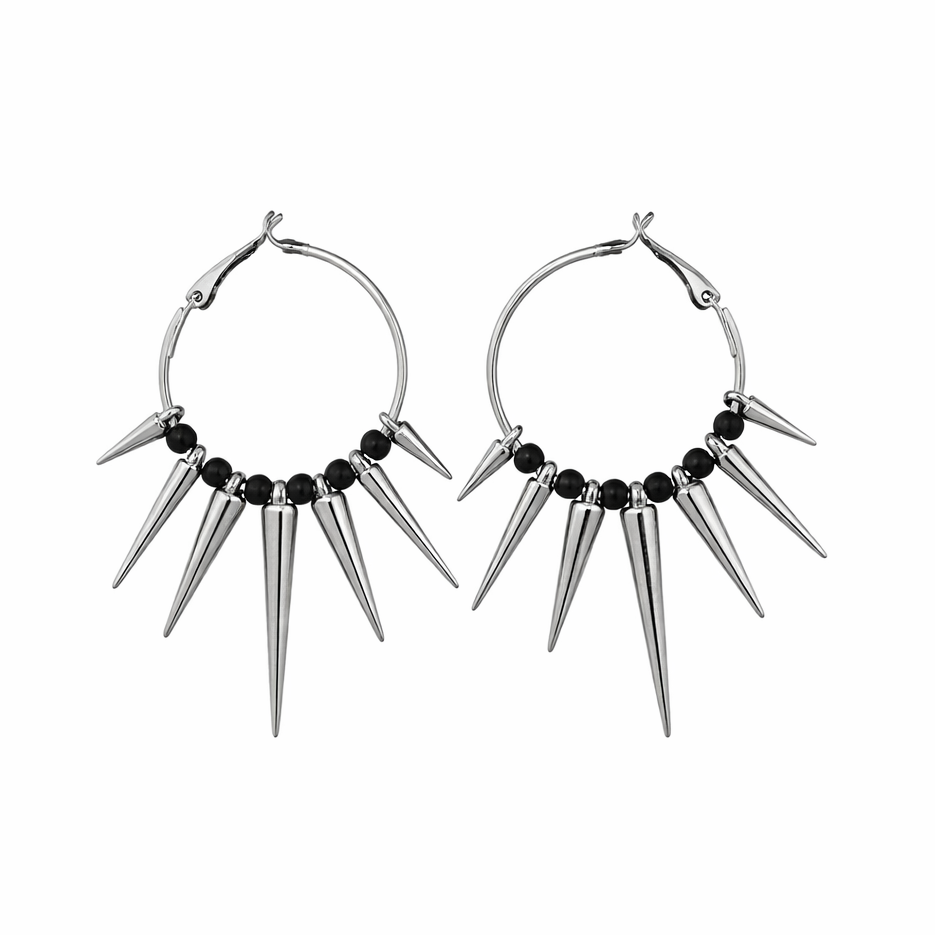 Spiked Black Bead Hoop Earring Pair