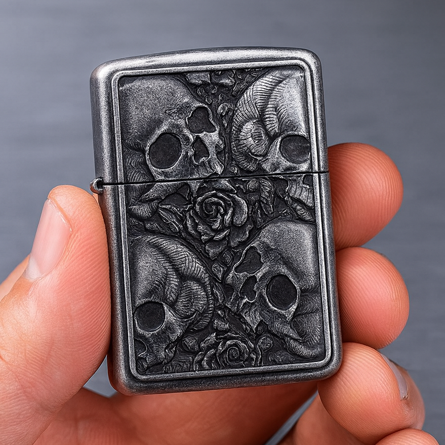 Black Plated Metal Skulls & Roses Flip Lighter