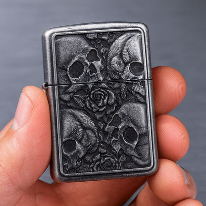 Black Plated Metal Skulls & Roses Flip Lighter